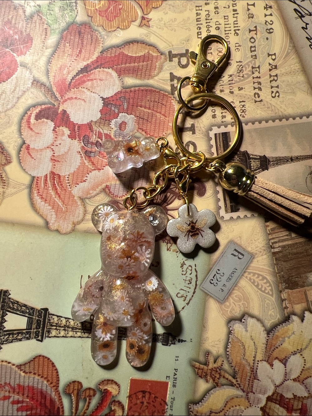 Gold Floral Resin Bear Keychain, backpack or purse Charm - Women's Accessory - Picture 4 of 5